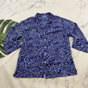 Blue Ginger Womens Button Up Blouse Top Size S Purple Tropical Leaf Floral